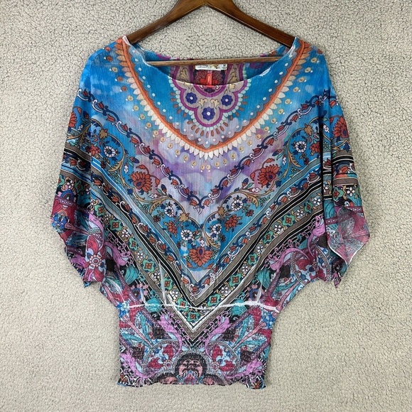 Unity World‎ Wear Top Women M Multicolor Batwing Boho Festival Y2K Artsy Hippie - Picture 1 of 6